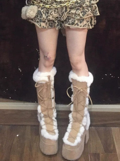 34-46 Y2K Snow Pu Fur Lace-up Thick Heel High Goth Platform Boots