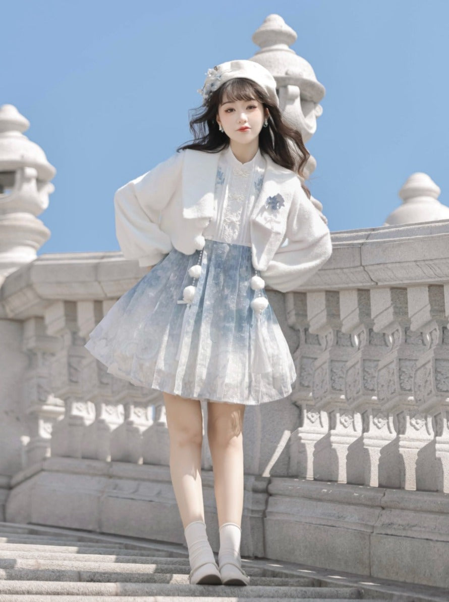 ドレス ショート ブルー チャイニーズファーコート アイス