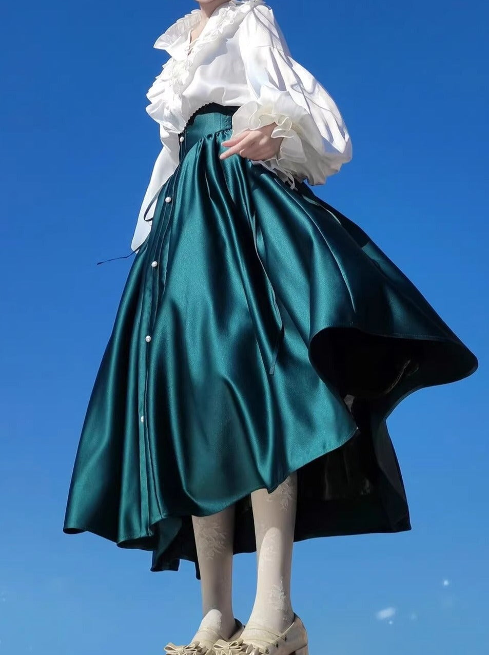 Elegant Frill Lace Blouse + Satin Long Flare Skirt