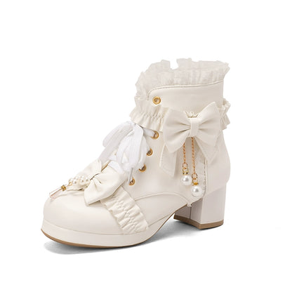 28-43 Lolita Ruffle Bow Pearl Decor Knee-High Boots