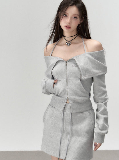 Off-Shoulder + Träger-Sweatshirtrock mit Reißverschluss