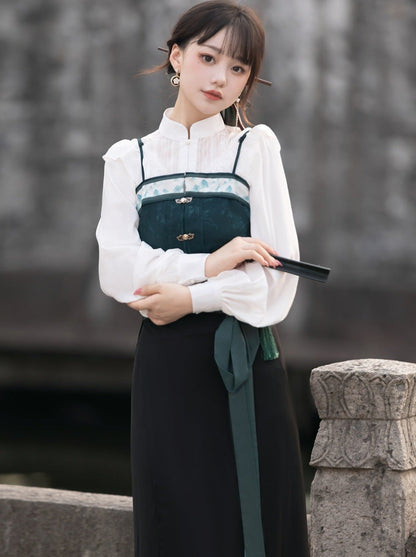 China Hosenträger Bluse Grün Dunkel + Rock + Schal