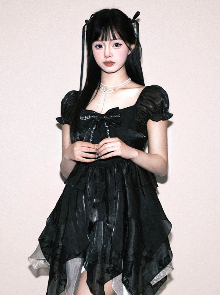 ノースリーブボウブラックパフリボンドレス