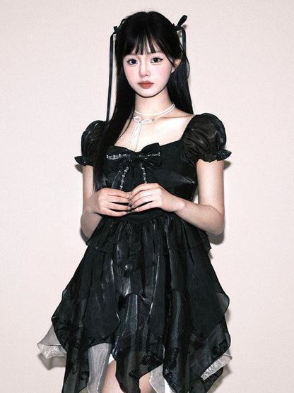 ノースリーブボウブラックパフリボンドレス