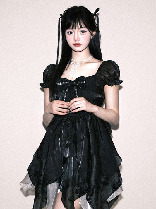 ノースリーブボウブラックパフリボンドレス