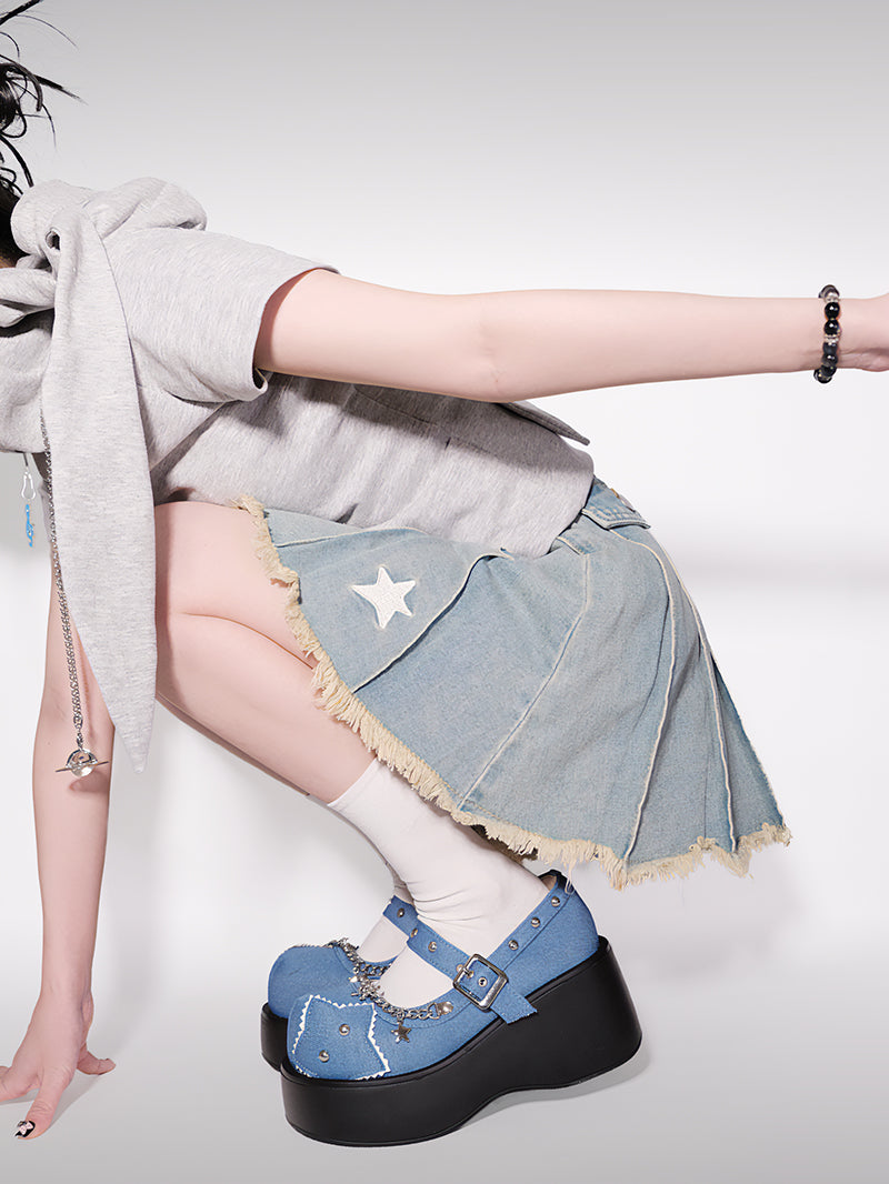 Schnalle Star Toe Platform Denim One Punk Runde Schuhe