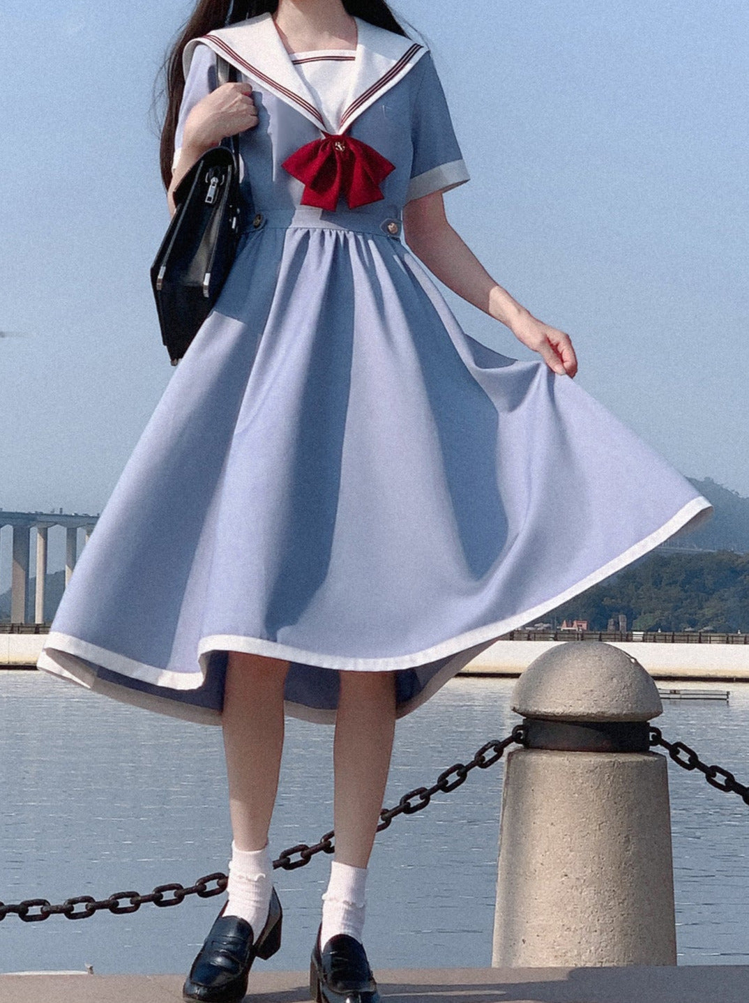 Color Sailor + Chamomile Ribbon Dress Elegant Blue Route Tie Gray