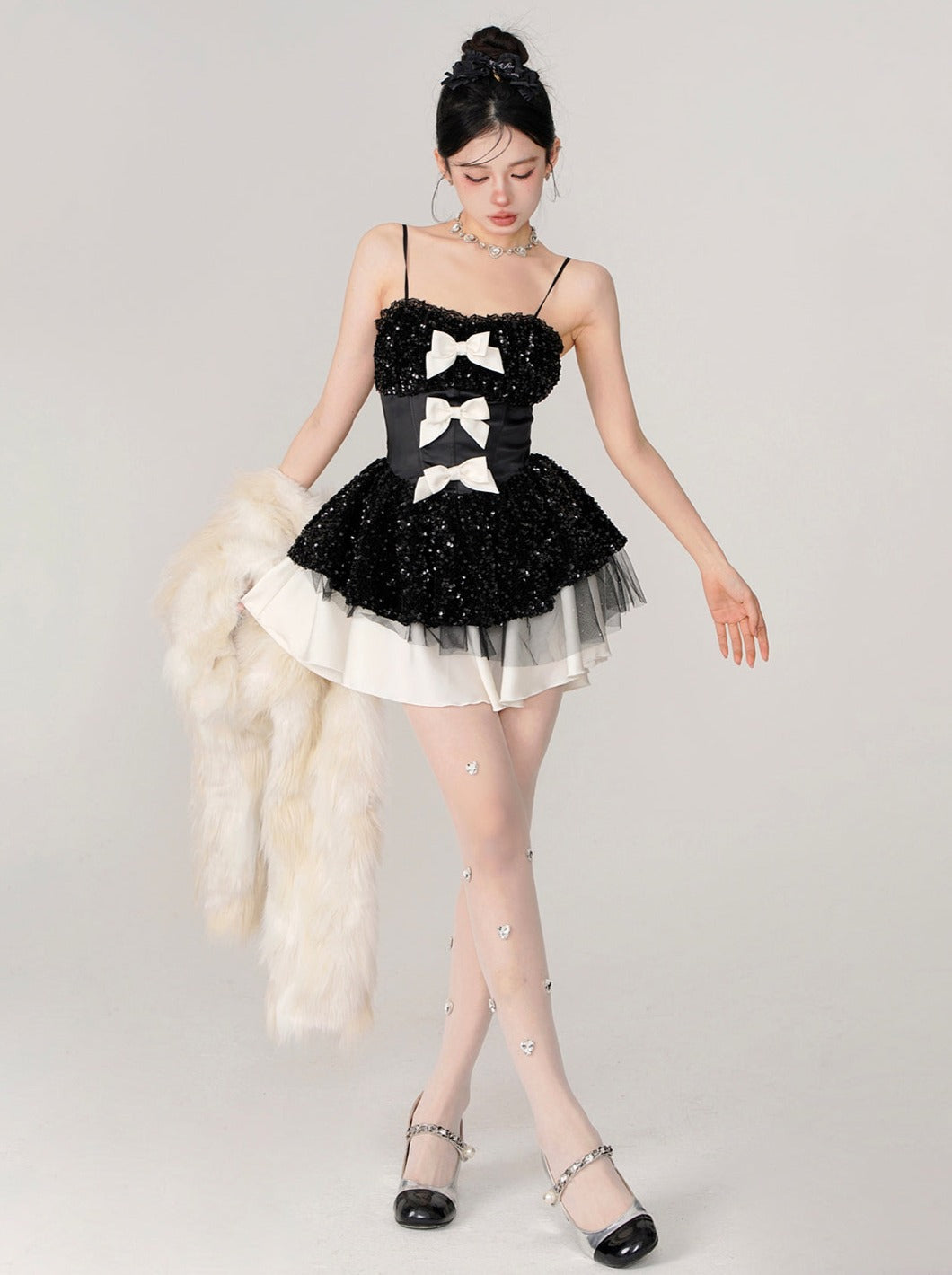 Sequined Flare Triple-ribbon Camisole Dress