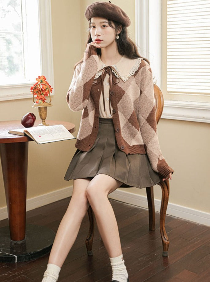 Argyle Rock Plissee Strick Braun Cardigan Retro