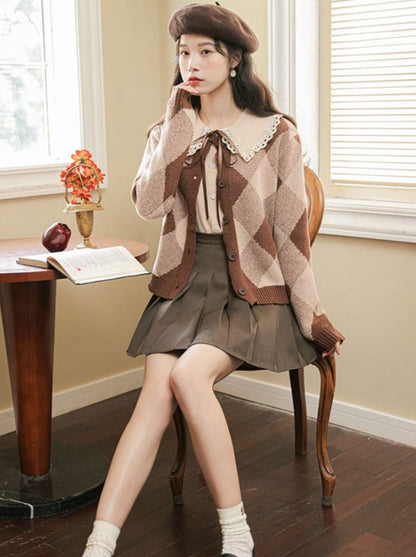 Argyle Rock Plissee Strick Braun Cardigan Retro