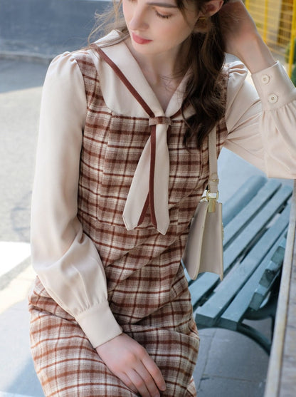 フレンチレトロピースクイーンドレスウールレトロツーフェイクマイラードフェイクチェック