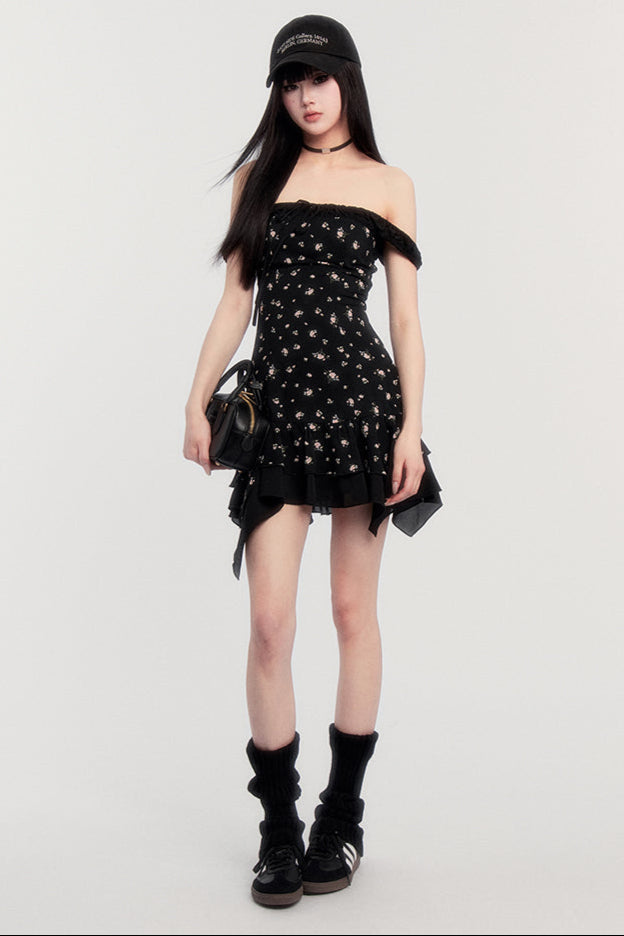 Off-Shoulder French Letter Kleid Flower Love