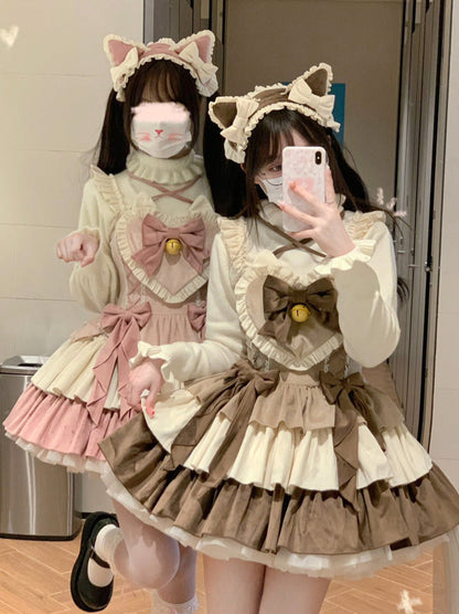 サスペンダードレスセット 耳付きベルベットテールヘアバンド フリル ふわふわ猫ハート
