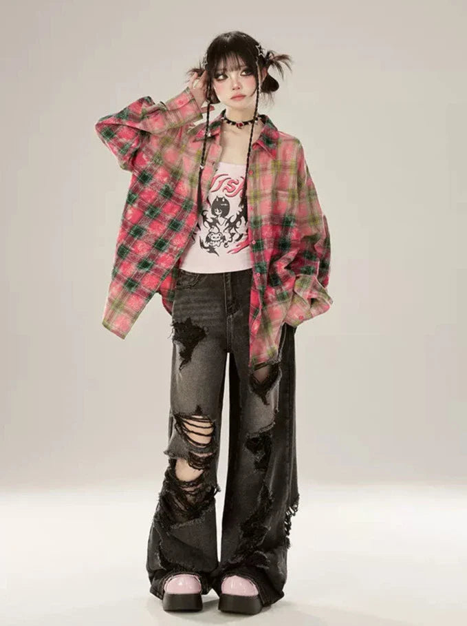 ローズレッドチェックグラデーションシャツ