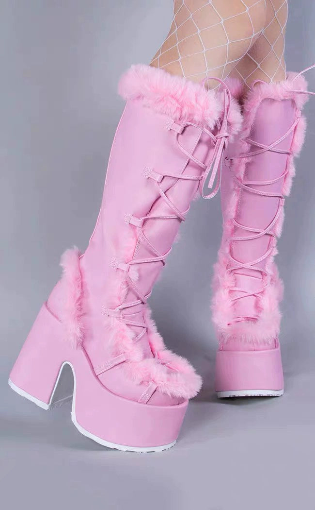 34-46 Y2K Snow Pu Fur Lace-up Thick Heel High Goth Platform Boots