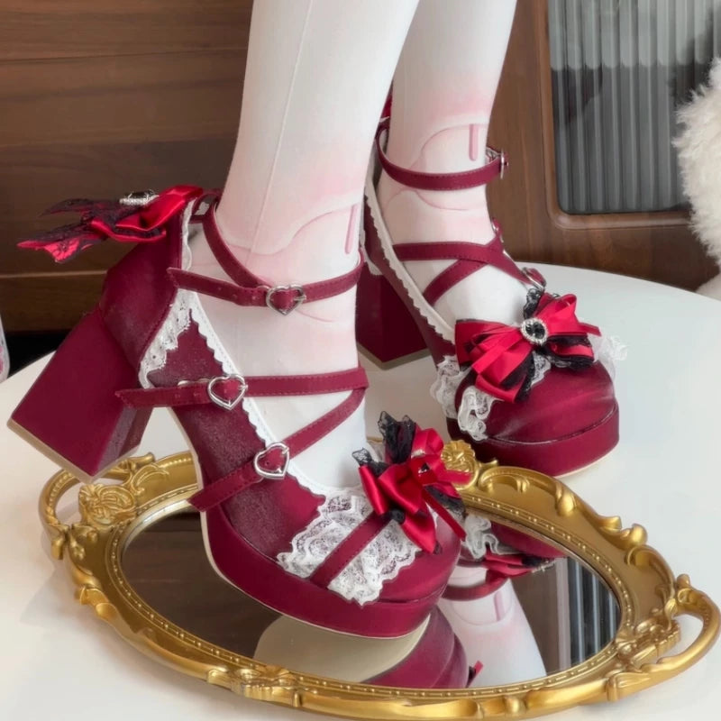 Burgundy Ballet Sweetheart Lolita platform heels and heart buckles