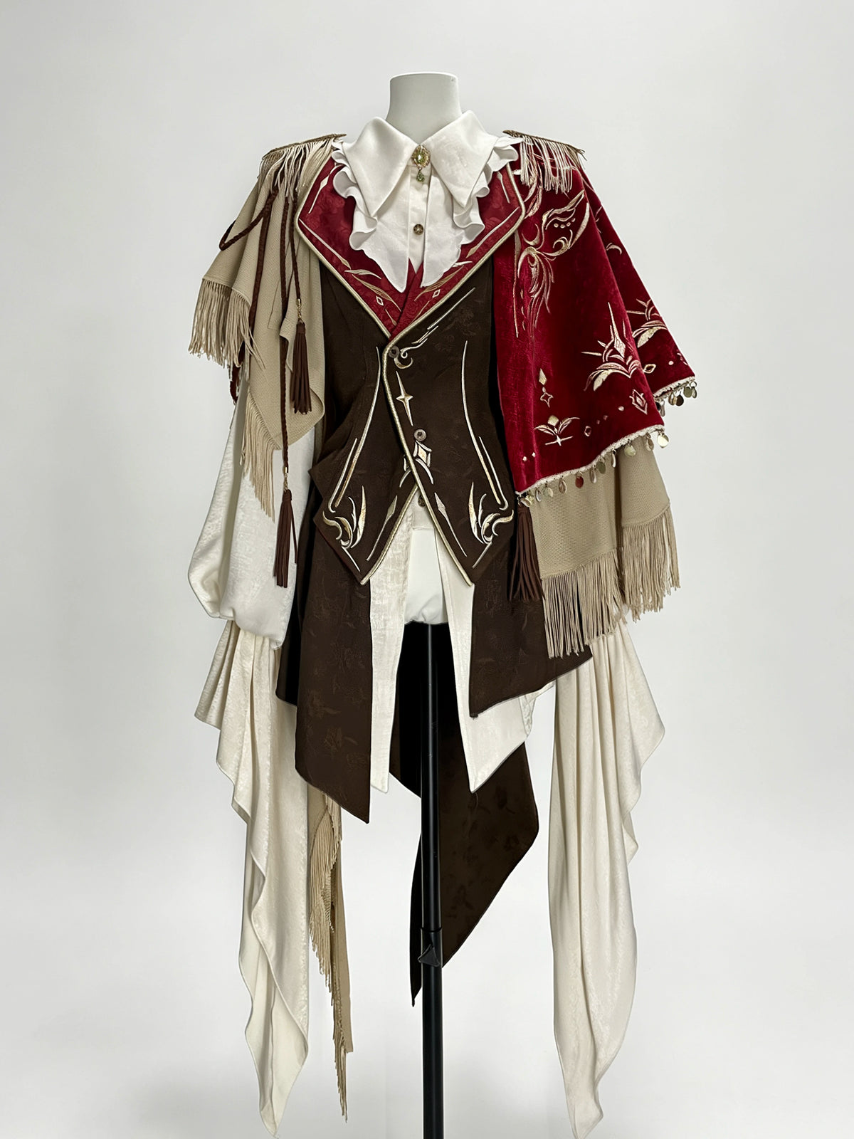 Burgundy cape with gold fringe and embroidery — ZERO The Fool collection