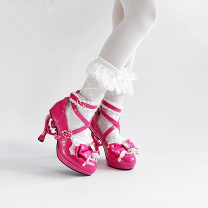 Bead Details, Elegant Bows &amp; Heart Heel PU Deep Pink High-heel Sandals