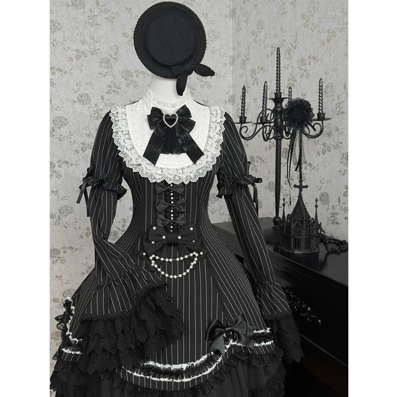 Black Shamrock Gothic Lace High Collar Striped Waist Dress