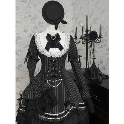 Black Shamrock Gothic Lace High Collar Striped Waist Dress