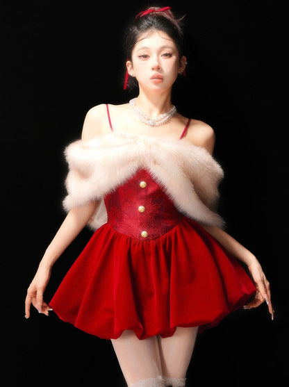 Camisole Balloon Princess Fur Off-the-shoulder Dress