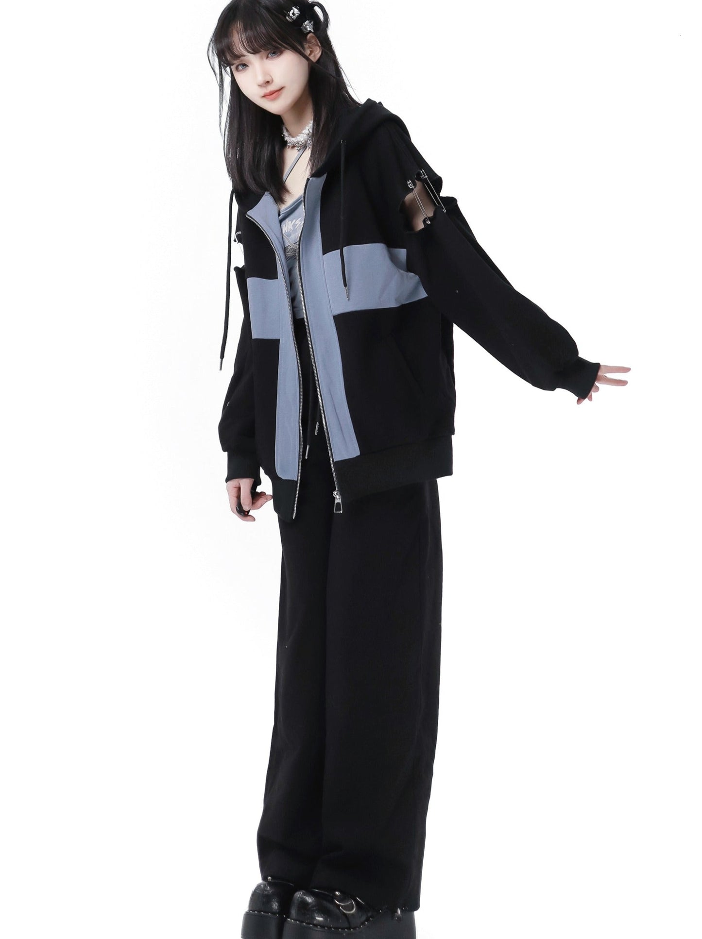 Zip Cami Cross Loose Pants Hoodie Top