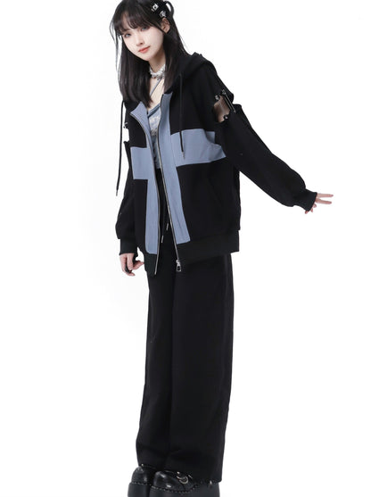 Zip Cami Cross Loose Pants Hoodie Top