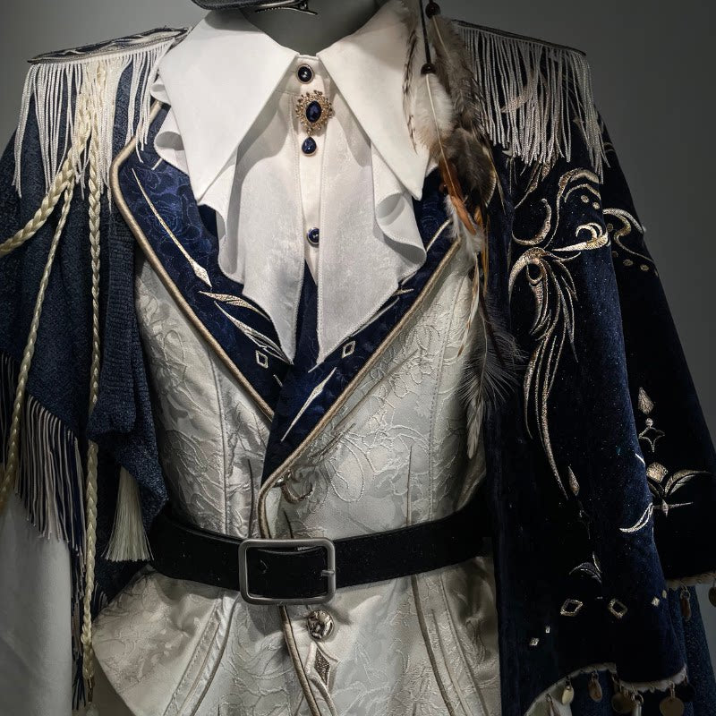 Navy vest embroidery and cape detail — ZERO The Fool collection