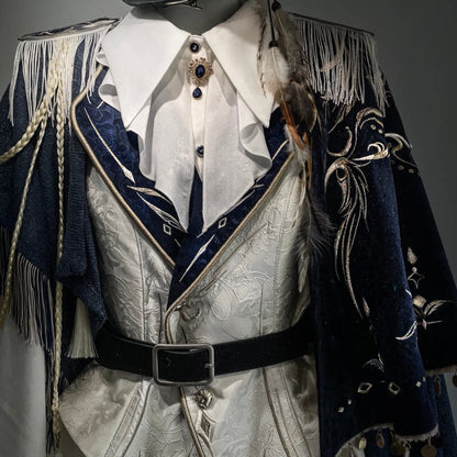 Navy vest embroidery and cape detail — ZERO The Fool collection