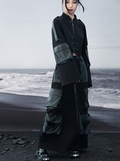 Schlitz Großer Stricktaschen Lederrock Dunkel