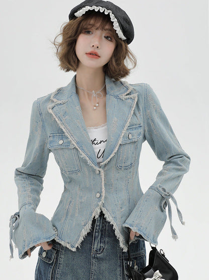 レトロアメリカンウォッシュスーツカラーデニムジャケット