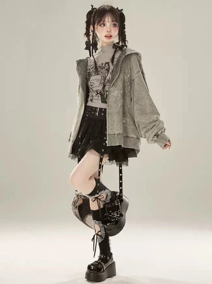 ジッパー付きフード付きダイヤモンドドゥルージーグレーパーカーライト