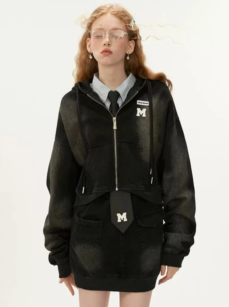 ジップパーカー Y2K ショートフード付きカジュアル + スカート