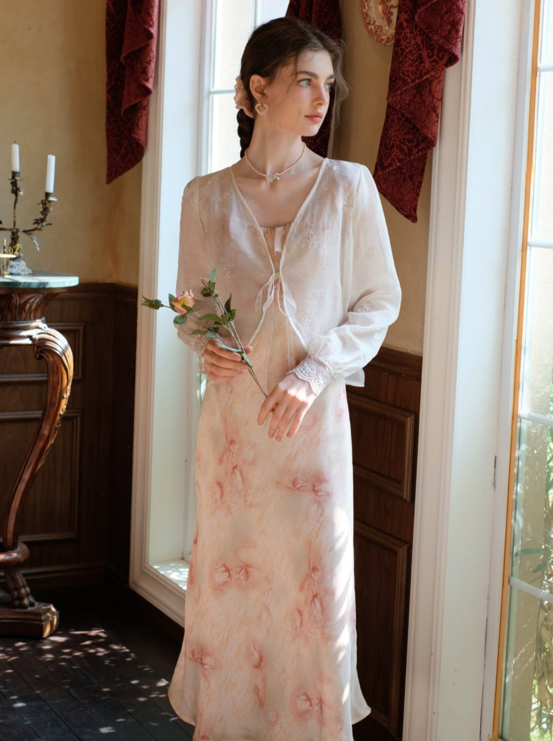 ロングサスペンダードレス フラワーブラウス カーディガン + シアー