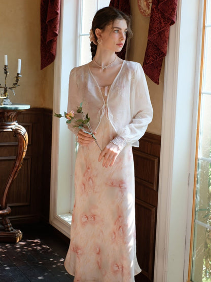 ロングサスペンダードレス フラワーブラウス カーディガン + シアー