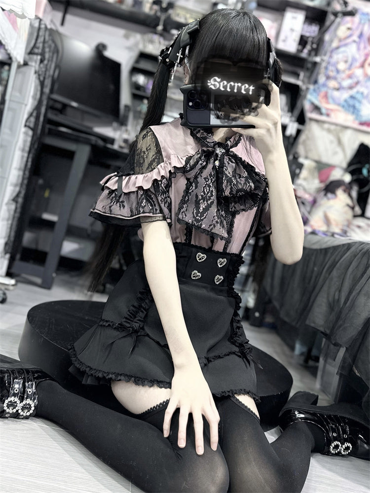 シャツ シアーリボン ショルダーレース