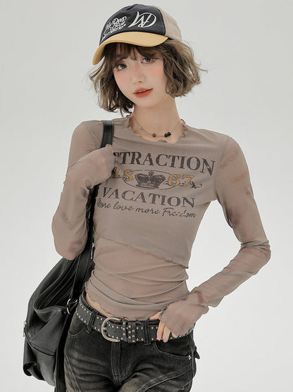 T Lang Retro Print Sheer Rüschen American