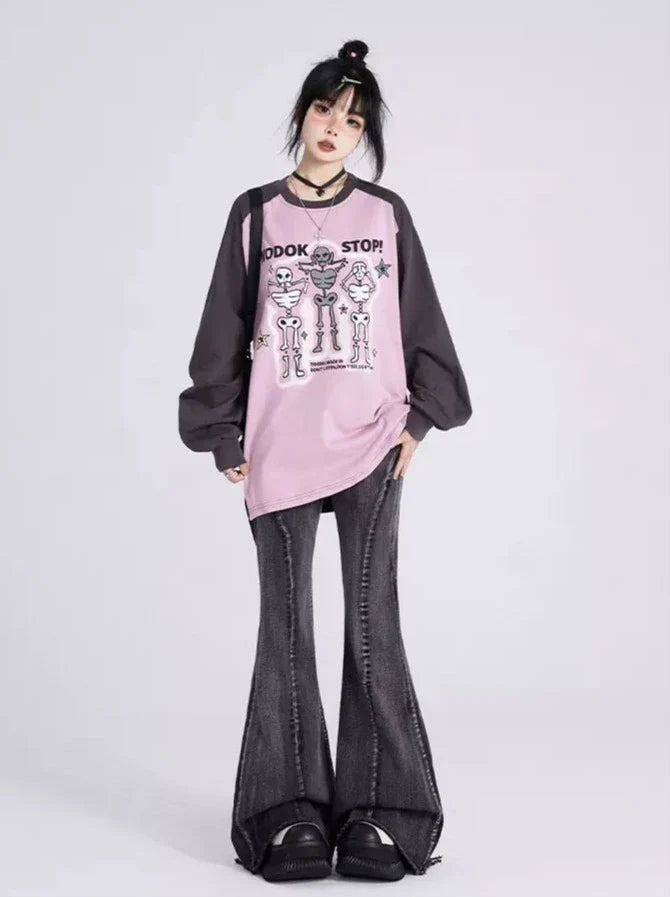 Raglan Sleeveless Skull Blues Purple Print T Long