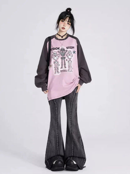 Raglan Sleeveless Skull Blues Purple Print T Long