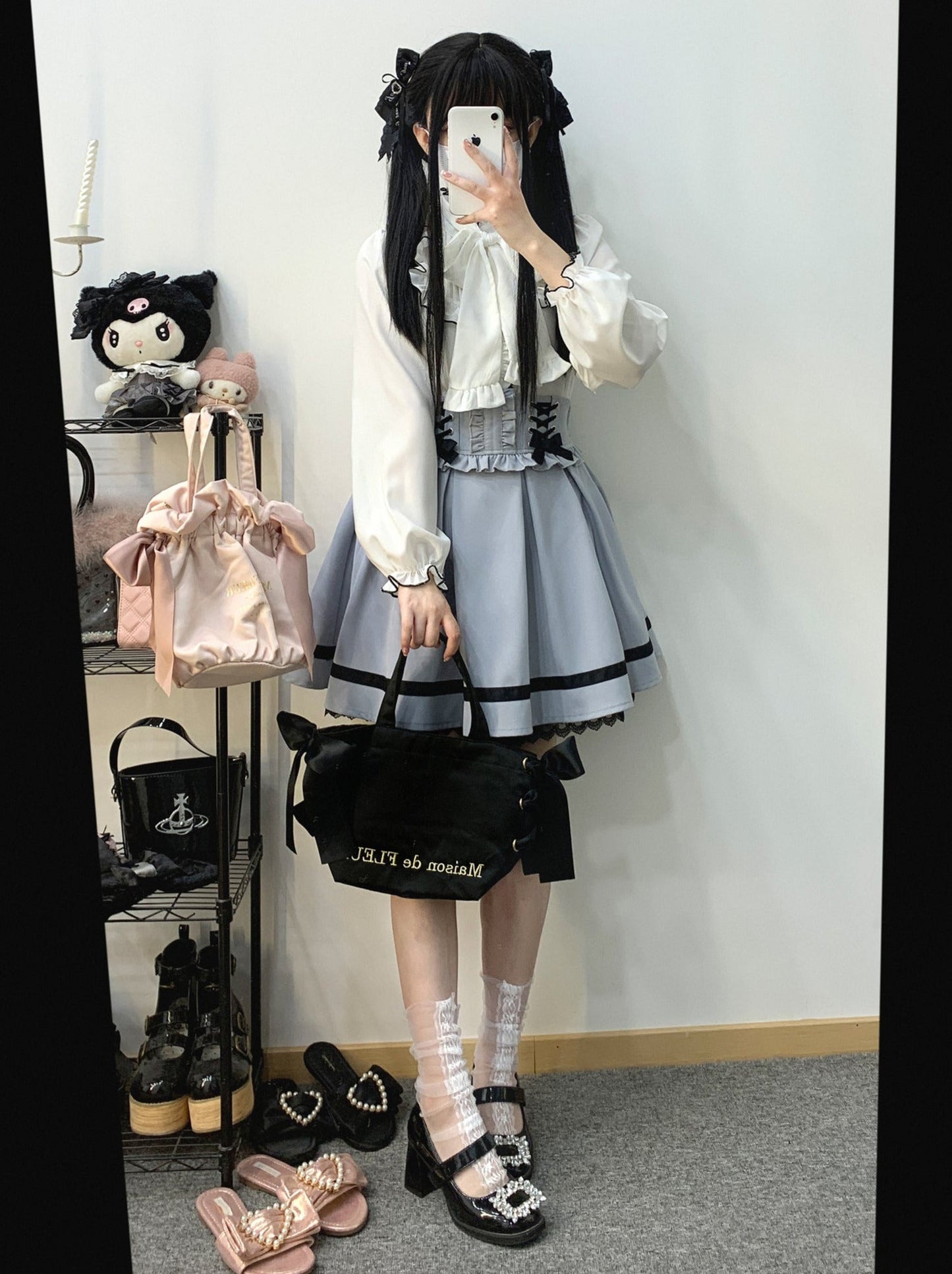 カラースリープフリルスタンドボリュームリボンシャツ