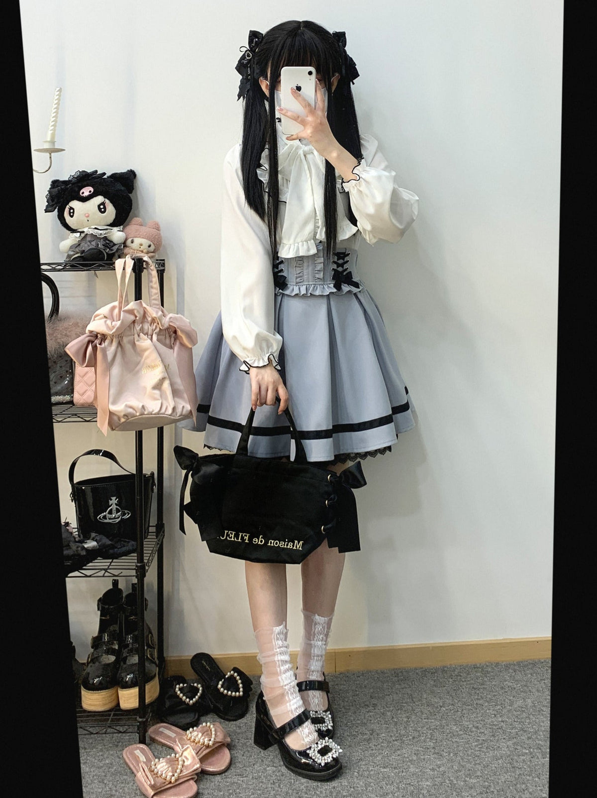 Color Sleep Frill Stand Volume Ribbon Shirt
