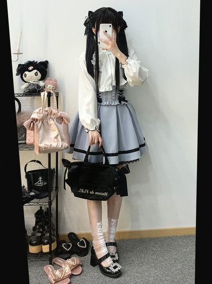 カラースリープフリルスタンドボリュームリボンシャツ