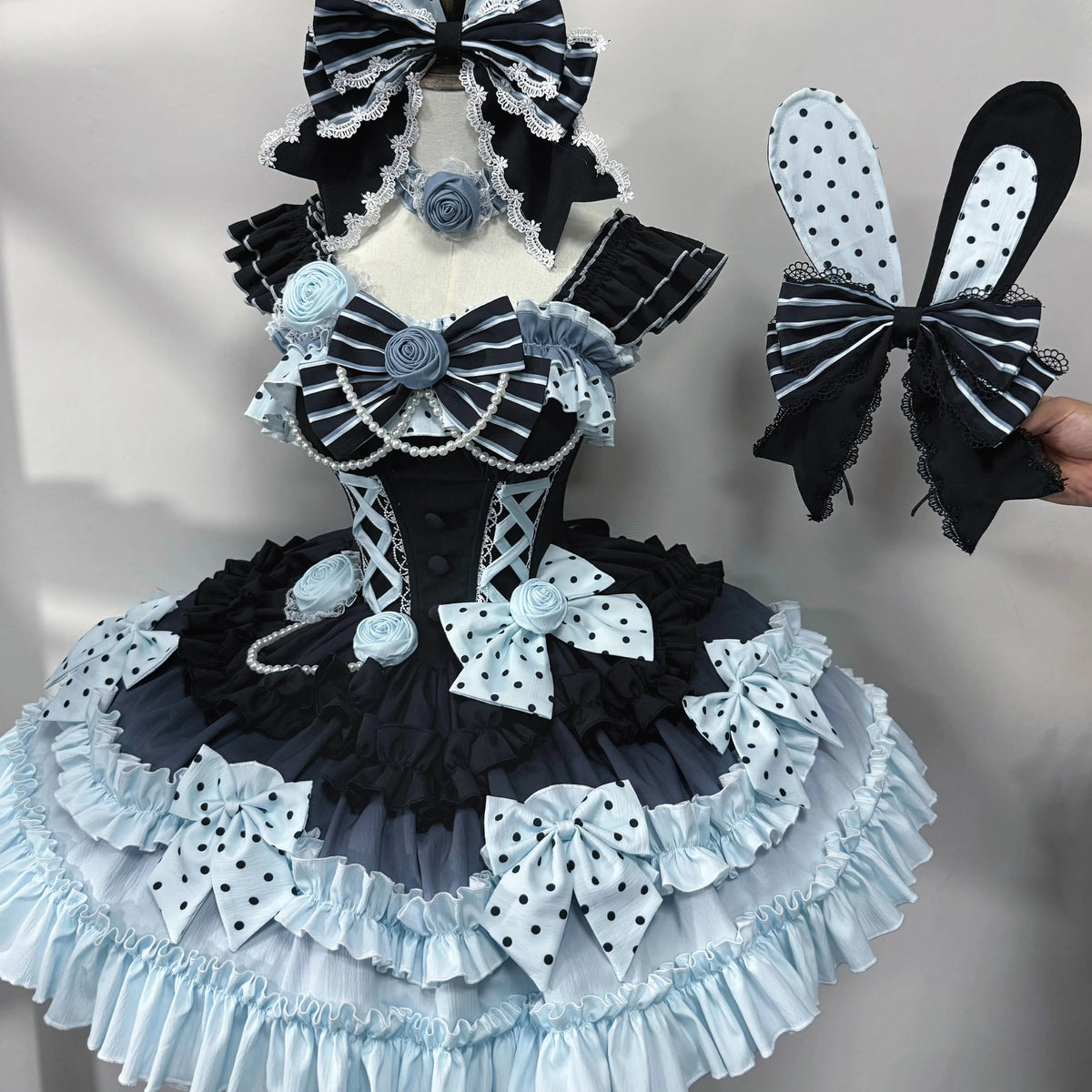 Babaluya black and pale blue ruffle Lolita dress with bunny-ear headpiece