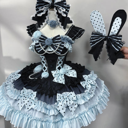 Black and pale blue Babaluya dress with matching bunny-ear headpiece