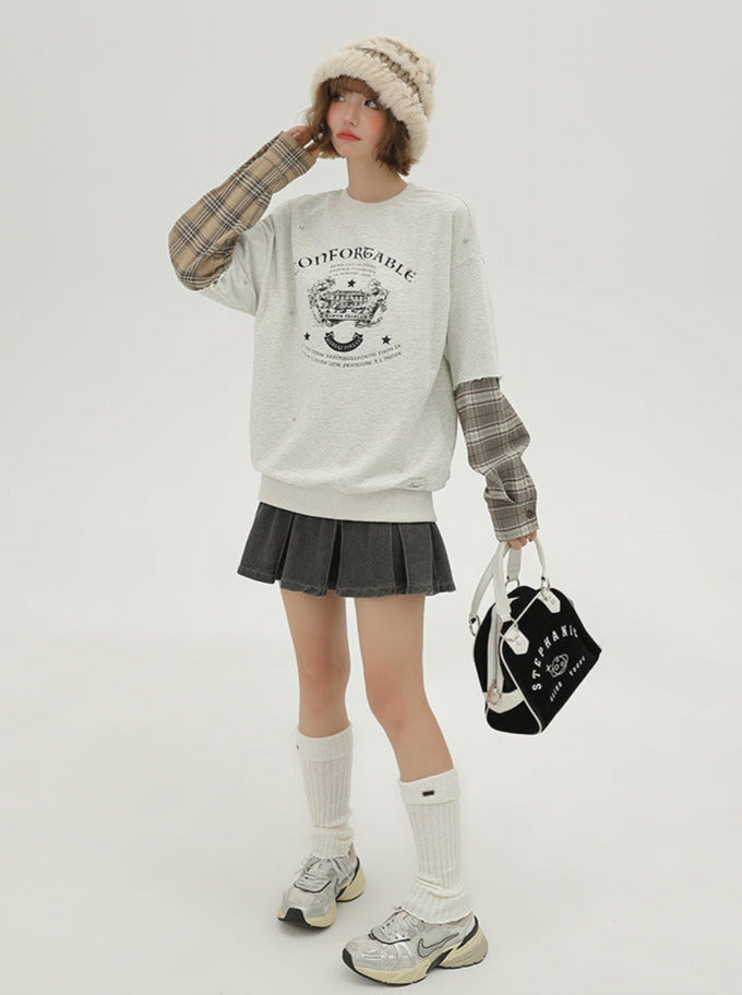 Sleeve Pullover Check American Sweat Faux Two-Piece Asymmetrical