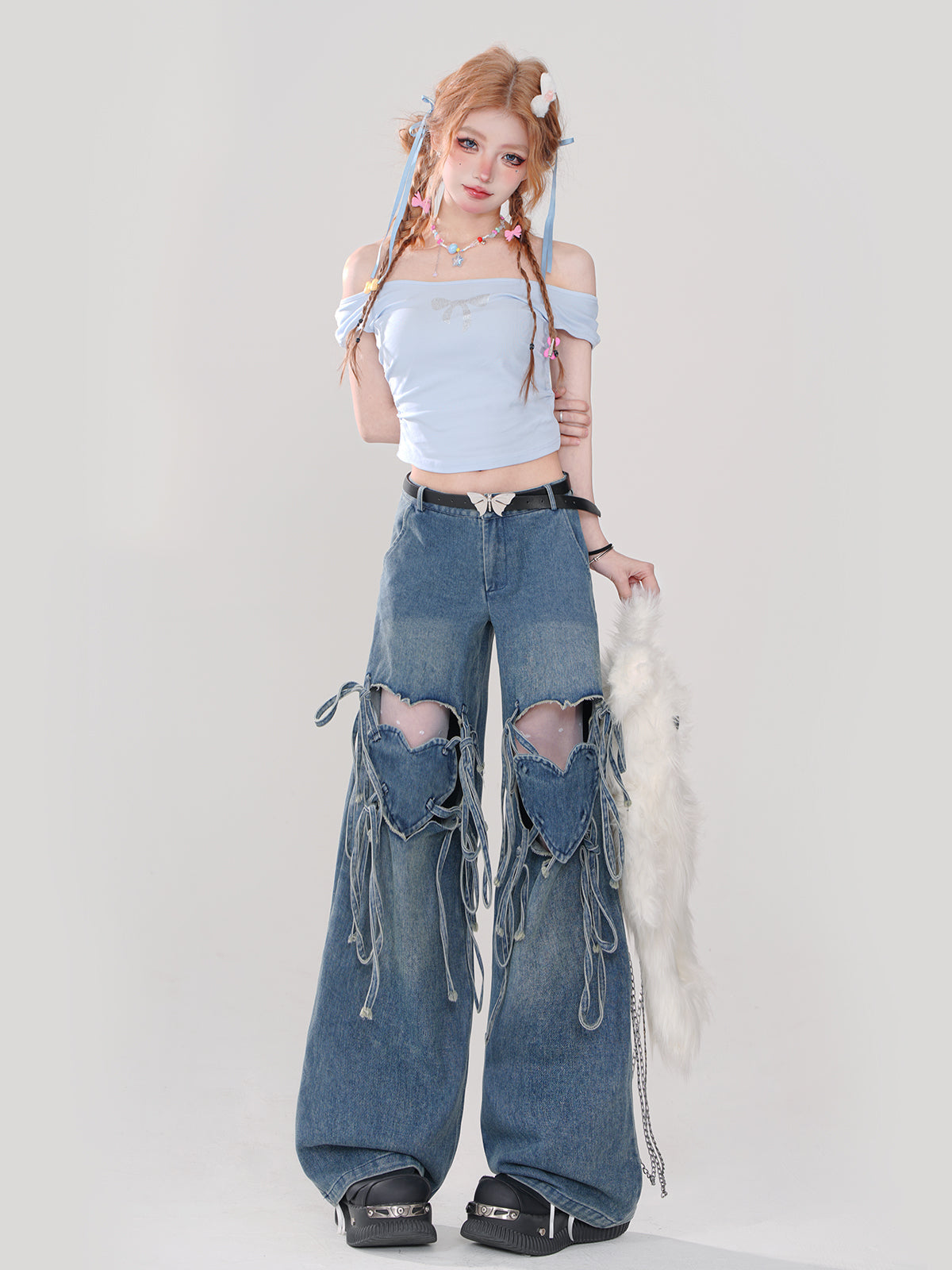 Hot Ripped Denim Rolled Loose Love Stripe