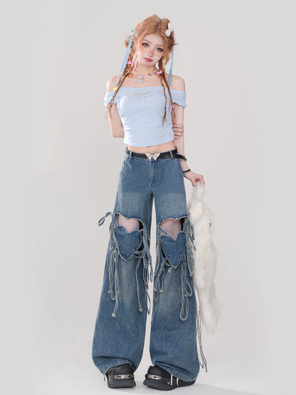 Hot Ripped Denim Rolled Loose Love Stripe