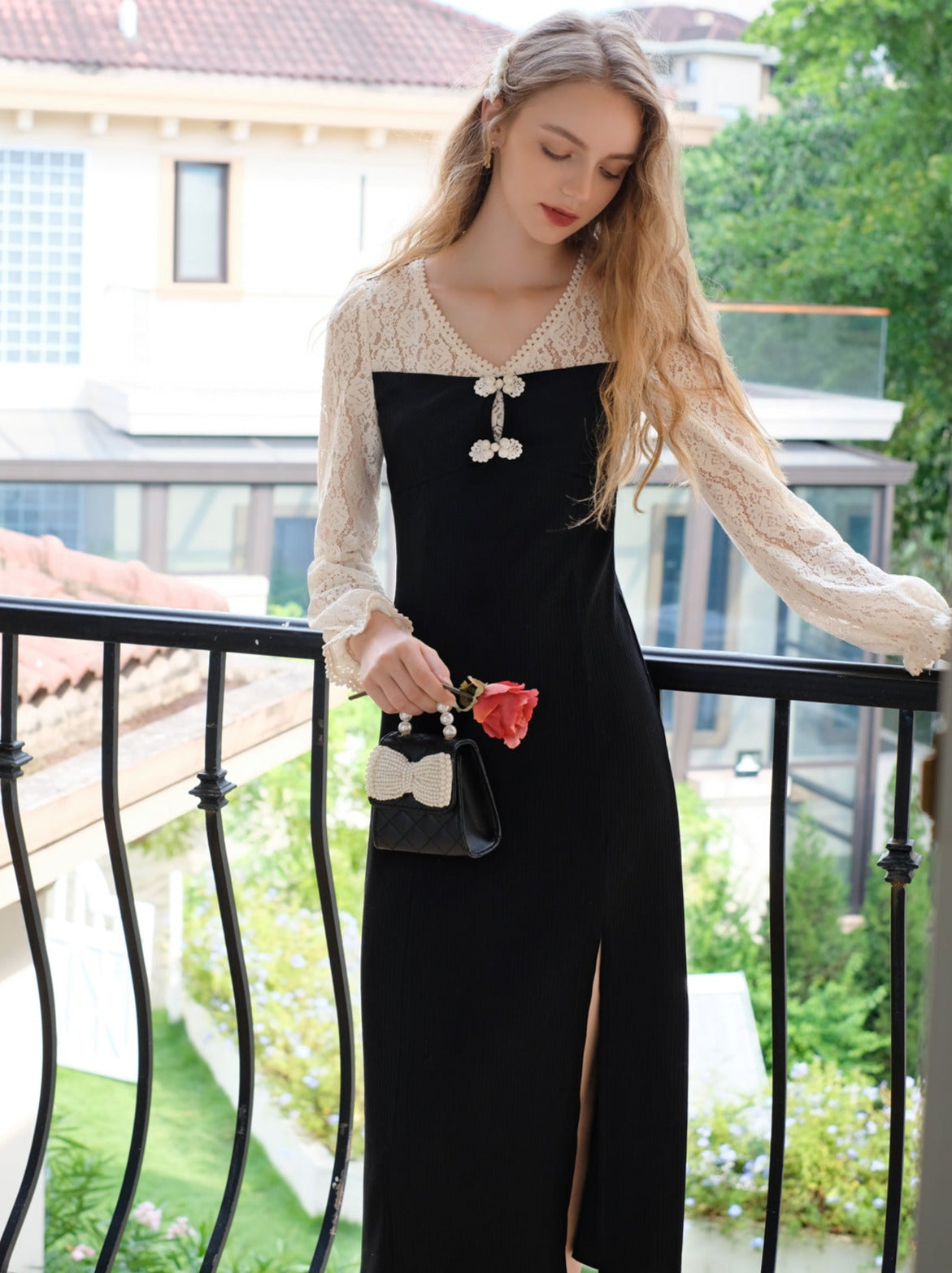 Black Splicing China Lace Dress Retro V-Neck