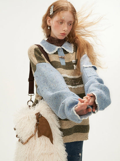 Polo Striped Sweater Retro Lace Pullover