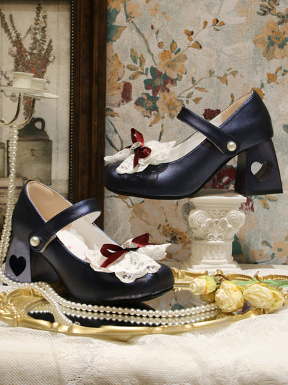 エレガントなフレンチスクエアレースリボンシューズヒールトゥロリータラブ